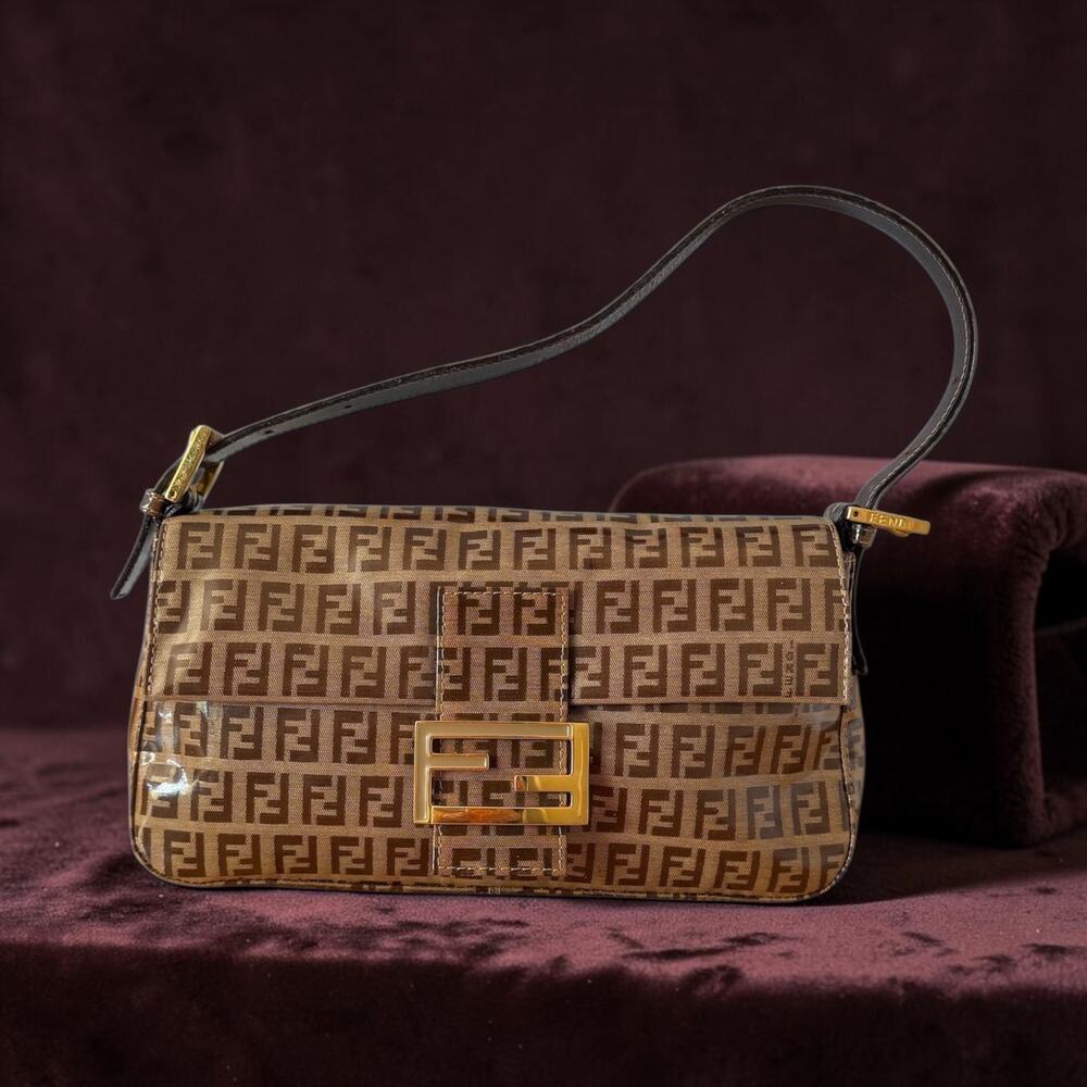 FENDI Zucchino FF Baguette Bag Brown PVC Coated Canvas Italy